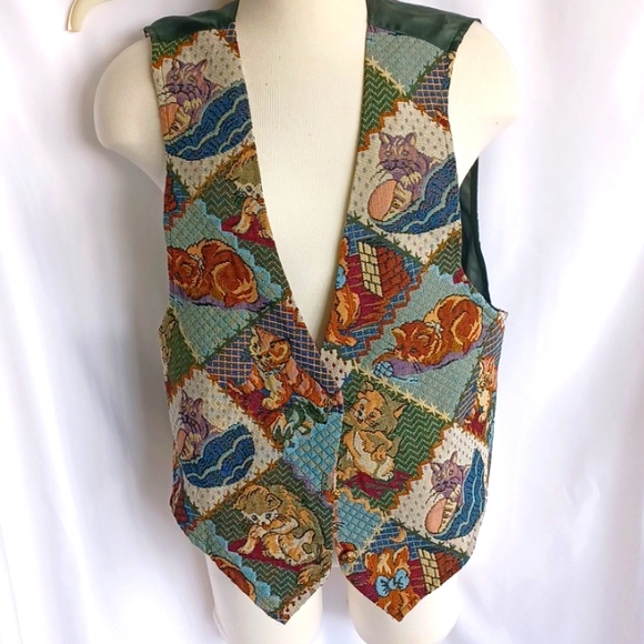 Vintage Backroad Blues Tapestry Playful Cat Vest size Small L Unique, 21" PTP - Picture 1 of 9
